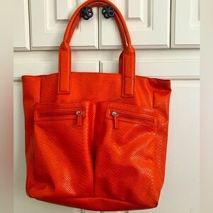 Neiman Marcus Orange Textured Large Tote Hand Bag Zip Pockets